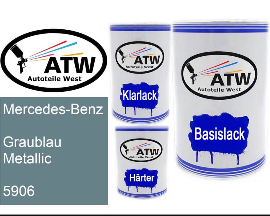 Mercedes-Benz, Graublau Metallic, 5906: 500ml Lackdose + 500ml Klarlack + 250ml Härter - Set, von ATW Autoteile West.